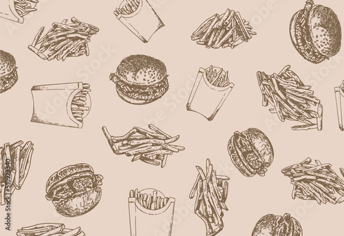 vintage pattern french fries and burgers, stylish food cover for fabric, postcards, wallpapers,graphical vector illustration. Fast food and menu background design	