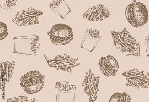 vintage pattern french fries and burgers  stylish food cover for fabric  postcards  wallpapers graphical vector illustration. Fast food and menu background design 