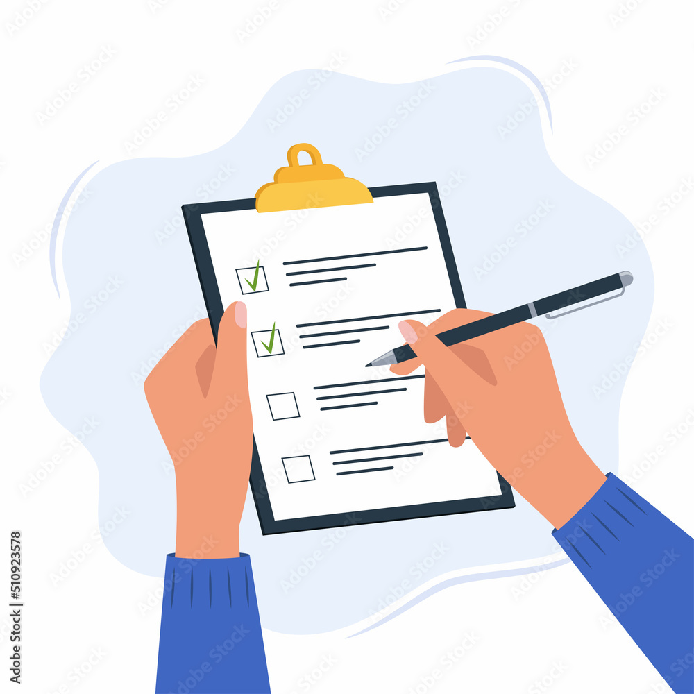 Hands holding clipboard with checklist with green check marks and pen. Human filling control list on notepad. Concept of Survey, quiz, to-do list or agreement. Vector illustration in flat style. - obrazy, fototapety, plakaty 