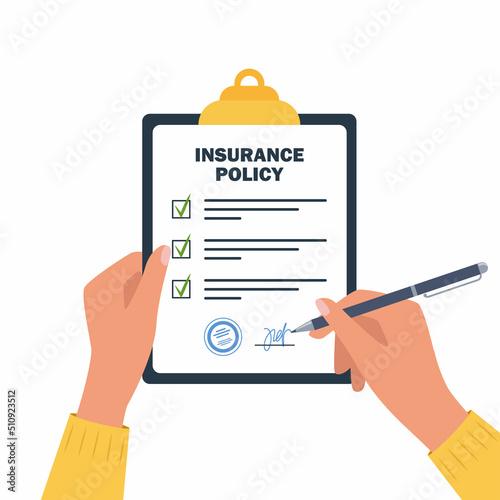 Person signs an insurance policy holding clipboard in hand. Man signature form. Claim form. Insurance policy on clipboard. Vector illustration.