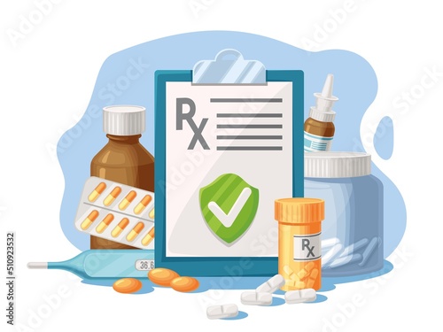Medicine prescription. Formular for RX drugs, pills and medicines. Medical list for treatment, healthcare diagnoses and proper dosing list vector illustration