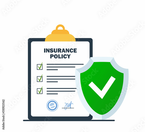 Insurance policy on clipboard and Green Shield protection sign. Company agreement contract document. Check list with signature on board. Injury risk law legal preparedness. Vector illustration.