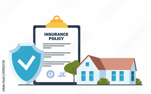 Real estate Insurance concept. Insurance policy on clipboard Safety security shield. House insurance business services. Residential home real estate protection. Vector illustration.