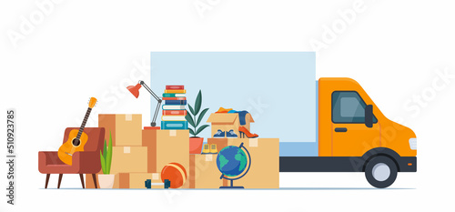 Truck and household items. Moving to new house. Relocated to new home. Boxes with goods. Package transportation. Things, clothes, furniture. Vector illustration.