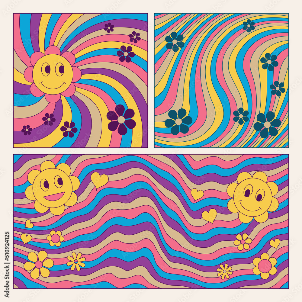 Set of colorful retro style psychedelic groovy wave backgrounds. Abstract hippie design banners.