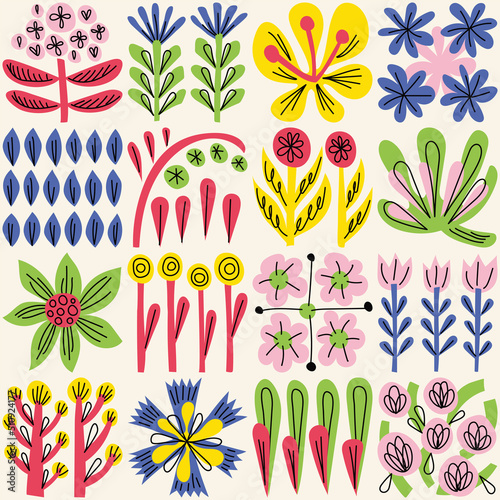 Set of creative artistic hand drawn floral elements. Cute trendy doodle nature seamless background.