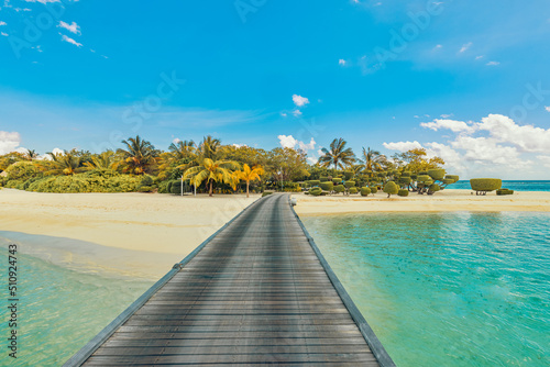 Amazing panorama at Maldives. Luxury resort villas pier seascape with palm trees, white sand and blue sky. Beautiful summer landscape. Tropical beach background for vacation holiday. Paradise island