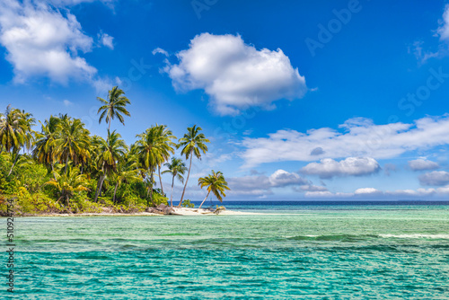 Best summer beach landscape. Tranquil tropical island, paradise coast, sea lagoon, horizon, palm trees and sunny sky over sand waves. Amazing vacation landscape background. Beautiful holiday beach