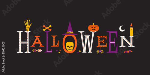 Halloween fancy letters cute symbol set isolated vector illustration. Happy Halloween greeting hand drawn lettering  bat  spider  witch hat cartoon design element. Holiday party decorative background