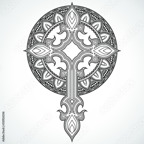 black linear ornamental cross with glory circle