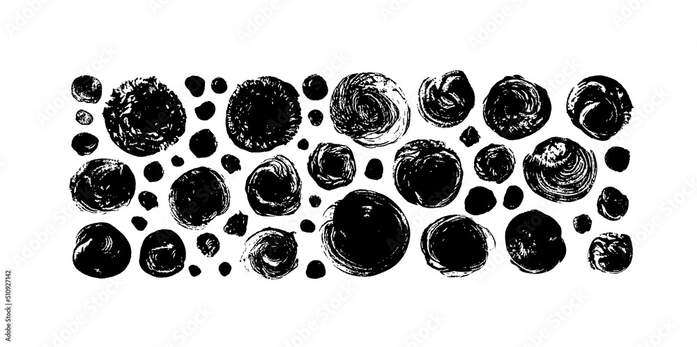 Fototapeta premium Grunge circle stamps collection. Hand drawn textured grunge vector circles. Black round brush strokes. Hand painted ink blobs or spots isolated on white background. Black round template, banner