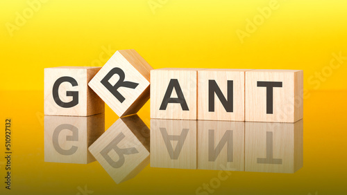grant word is made of wooden blocks lying on the yellow table, concept photo