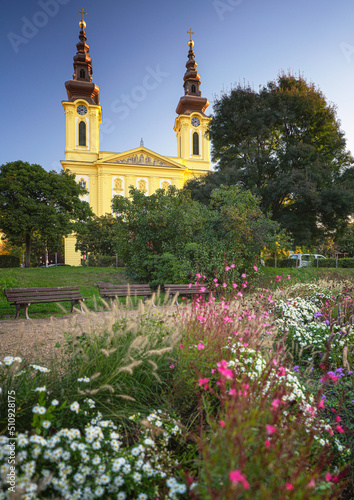 Nice temple in Budapest with flowers in the morning