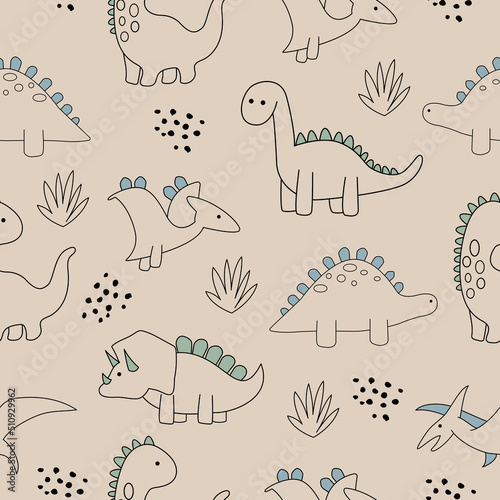 Vector hand drawn seamless pattern with dino. Cute dinosaurs. For wallpaper, children's clothing, fabric, poster, packaging, gift paper.
