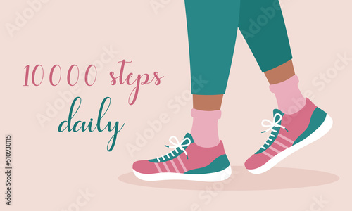 10000 steps daily activity. Healthy lifestyle rule. Walk every day. Person walking in sneakers for health. Flat vector illustration