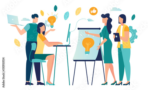 group office workers work office or coworking space. tables with computers and laptops, have dialogue and communicate at workplace between colleagues. analyse and develop business strategy vector