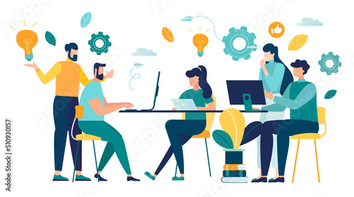 group office workers work office or coworking space. tables with computers and laptops, have dialogue and communicate at workplace between colleagues. analyse and develop business strategy vector
