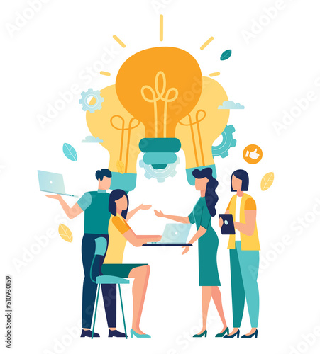 Sharing and search business ideas. collaboration brainstorming and meeting of creative creative people with light bulb ideas. Finding creative solutions to tasks, office workers share ideas vector