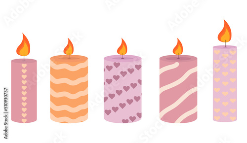 Burning cute wax and paraffin scented candles. Candles decor for home and comfort, holiday