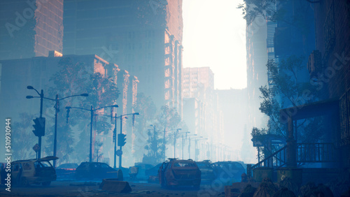 Fotografiet 3D Post apocalyptic background image of fogey city with abandoned and destroyed buildings, cracked road, cars and sign