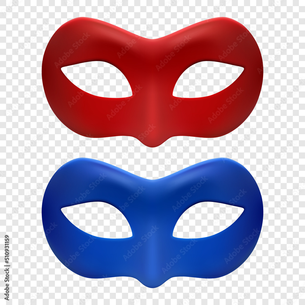 Vector 3d Reaistic Red and Blue Carnival Mask Set. Metallic Face Carnival Mask for Man or Woman Closeup. Secret Decoration, Hero, Stranger. Halloween, Festival, Carnival, Party, Masquerade Concept Vector 3d Reaistic Red and Blue Carnival Mask Set. Metallic Face Carnival Mask for Man or Woman Closeup. Secret Decoration, Hero, Stranger. Halloween, Festival, Carnival, Party, Masquerade Concept