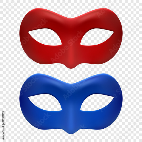 Vector 3d Reaistic Red and Blue Carnival Mask Set. Metallic Face Carnival Mask for Man or Woman Closeup. Secret Decoration, Hero, Stranger. Halloween, Festival, Carnival, Party, Masquerade Concept