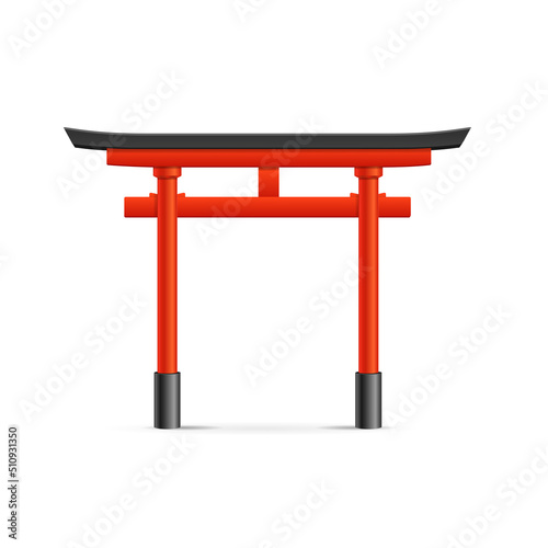 Realistic Detailed 3d Japanese Traditional Red Torii Gate. Vector