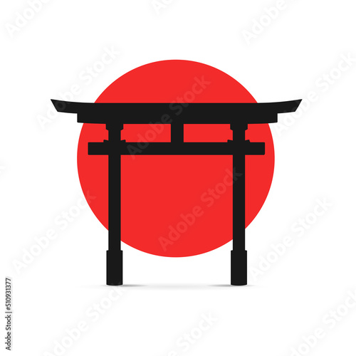 Silhouette Black Japanese Traditional Torii Gate on a Red Sun. Vector photo