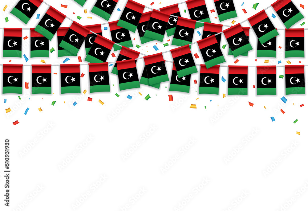 Libya flags garland white background with confetti, Hang bunting for ...