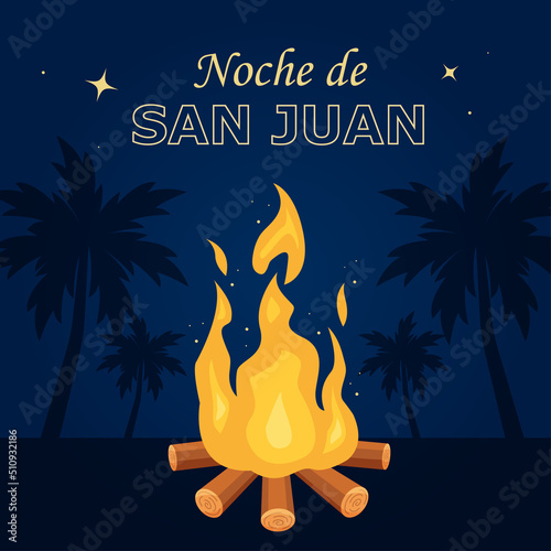 Noche de San Juan. Popular Event in Spain to celebrate the summer solstice. Banner, poster or greeting card with bonfire on the beach with palm trees. (Spanish translation: Night of Saint John).  photo
