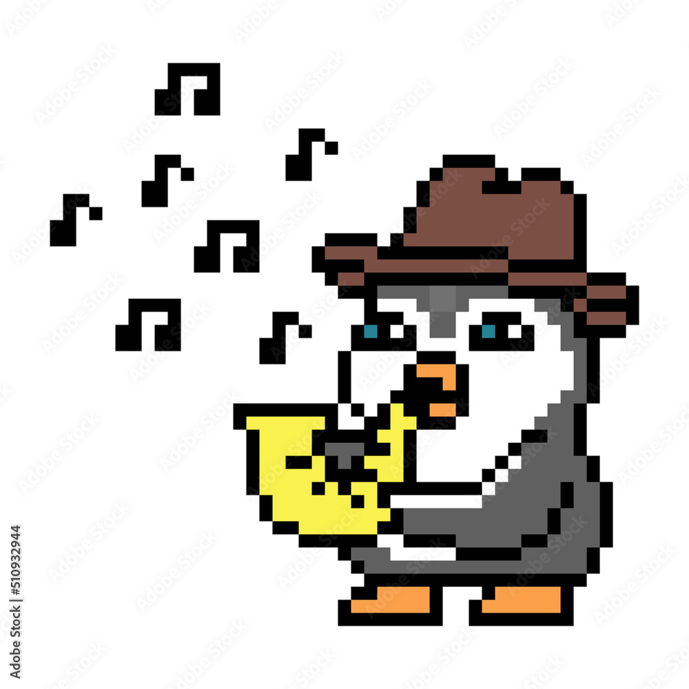 Penguin in a hat playing saxophone, pixel art animal character on white background. Old school retro 80s, 90s 8 bit slot machine, video game graphics. Cartoon jazz musician mascot. Woodwind instrument
