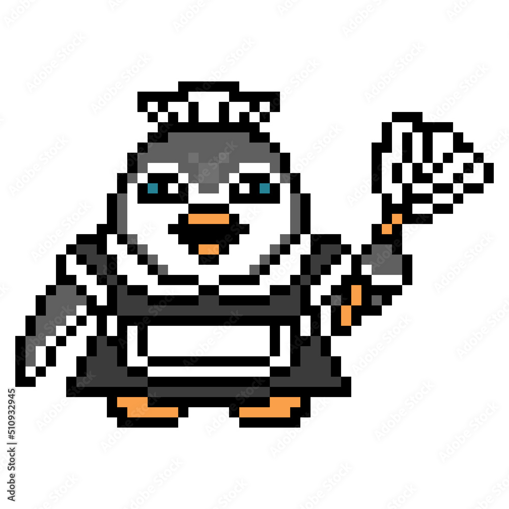 Penguin housekeeper with a feather duster, pixel art animal character isolated on white background. Old school retro 80s, 90s 8 bit slot machine, video game graphics. Cartoon hotel chambermaid mascot. Penguin housekeeper with a feather duster, pixel art animal character isolated on white background. Old school retro 80s, 90s 8 bit slot machine, video game graphics. Cartoon hotel chambermaid mascot.