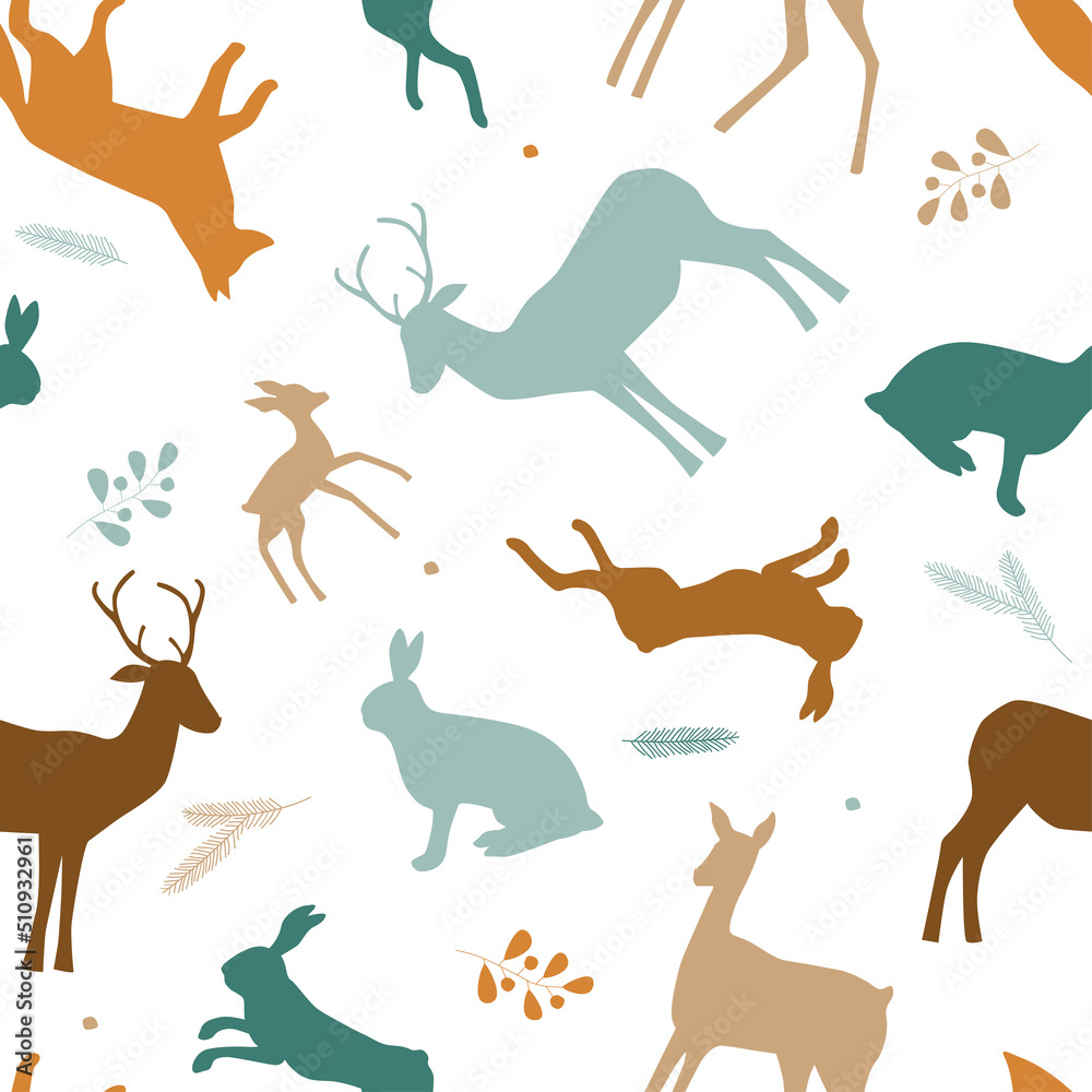 Seamless pattern with silhouettes of wild forest animals, leaves. Natural ornament with hares, foxes, deer. Vector graphics.