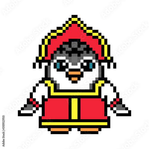 Penguin girl in a traditional russian costume (sarafan, kokoshnik), pixel art animal character isolated on white background. Old school retro 8 bit slot machine, video game graphics. Cartoon mascot.