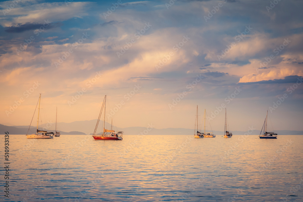 Fototapeta premium Bay with boats and yatches in Jurere Internacional at sunset – Florianopolis, Brazil