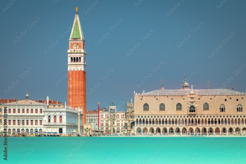 Campanile and Piazza San Marco in Venice, view from the water with long exposure - Italy