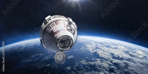 Starliner spaceship in space. Crew Space Transportation on orbit of Earth. Expedition to International space station. Elements of this image furnished by NASA photo