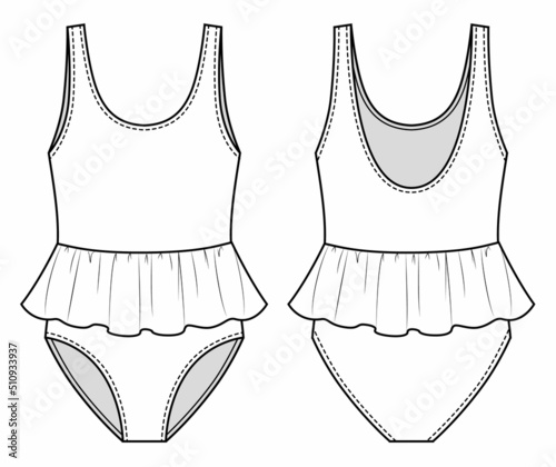 Fashion sketch of one piece swimmingsuit for children, swimsuit with mini skirt