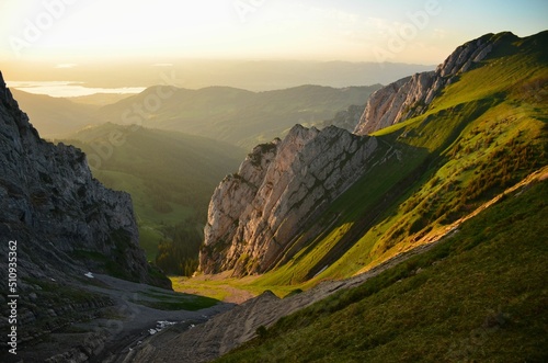 last rays of sun on the bockmattli mountain, bockmattlistock in the canton of glarus,schwyz.Sunset hike in the mountains photo