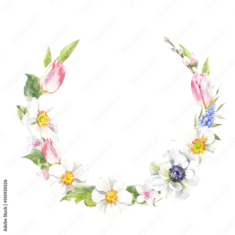 Watercolor spring floral wreath illustration, Easter flowers arrangement, tulip,anemone,rose wreath, frame, for wedding stationery, nursery decor, greenery botanical save the date, baby shower diy