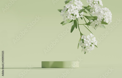 3D display podium pastel green background. White flower with leaf. Nature Blossom minimal pedestal for beauty, cosmetic product presentation. Summer and spring Feminine copy space template 3d render