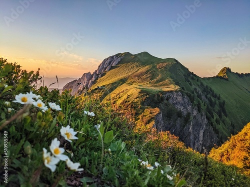 Breathtaking sunset in the mountains. View of the Bockmattli Innerthal and Lake Zurich. Hiking in Switzerland. Glarus photo
