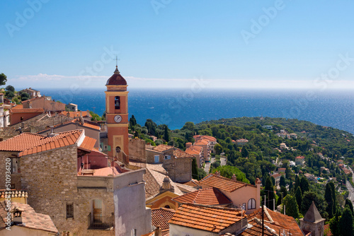 View of the sea and the Cote d'Azur from the fortress of the ancient castle in Roquebrune-Cap-Martin, France on the Mediterranean coast near Monaco. Travel along the Cote d'Azur. photo