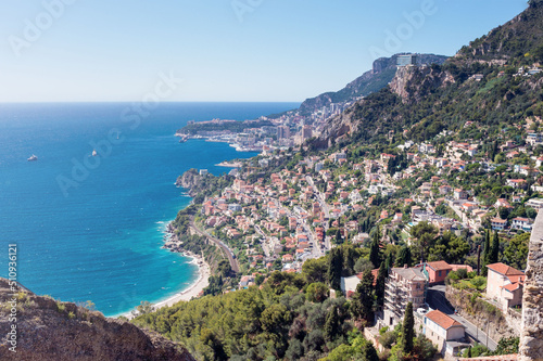 View of the sea and the Cote d'Azur from the fortress of the ancient castle in Roquebrune-Cap-Martin, France on the Mediterranean coast near Monaco. Travel along the Cote d'Azur.