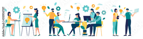 group office workers work office or coworking space. tables with computers and laptops, have dialogue and communicate at workplace between colleagues. analyse and develop business strategy vector