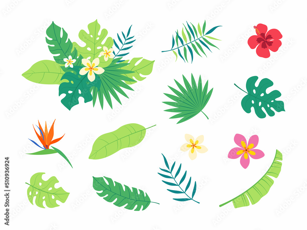 Tropical flowers, palm leaves, jungle leaves, bird of paradise flower, hibiscus, plumeria. Vector flat exotic illustrations, Hawaiian bouquet for greeting card, wedding, poster. Tropical flowers, palm leaves, jungle leaves, bird of paradise flower, hibiscus, plumeria. Vector flat exotic illustrations, Hawaiian bouquet for greeting card, wedding, poster.