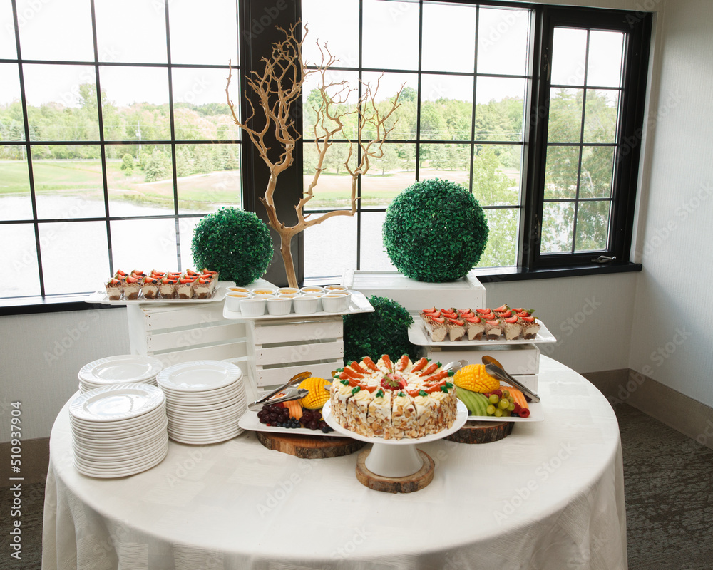 Arrangement of fancy deserts on a table with topiaries and plates in front of a gorgeous window.