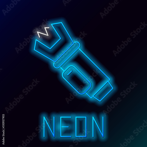 Glowing neon line Police electric shocker icon isolated on black background. Shocker for protection. Taser is an electric weapon. Colorful outline concept. Vector