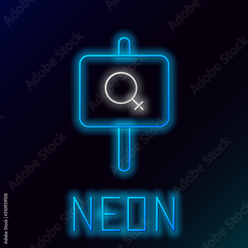 Glowing neon line Female movement, feminist activist with banner and placards icon isolated on black background. Feminist rights movement, feminism sisterhood. Colorful outline concept. Vector