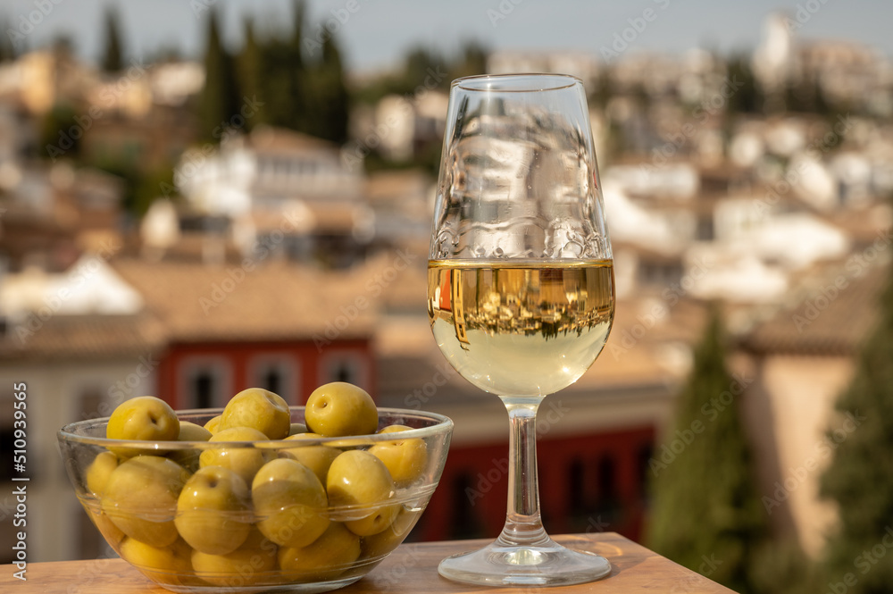 Tasting of Spanish sweet and dry fortified Vino de Jerez sherry wine and green olives with view on roofs and houses of old andalusian town